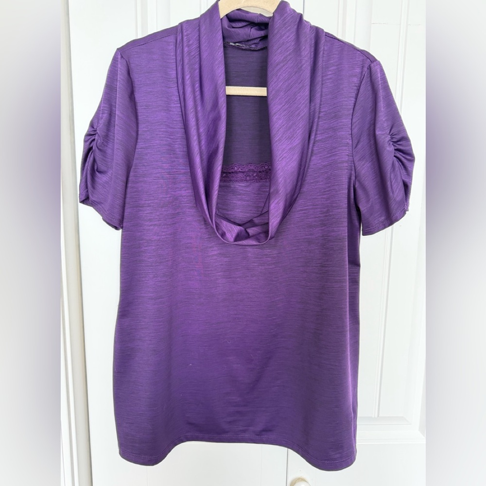Purple Cowl Neck Top with lace insert and Short Rouched Sleeve